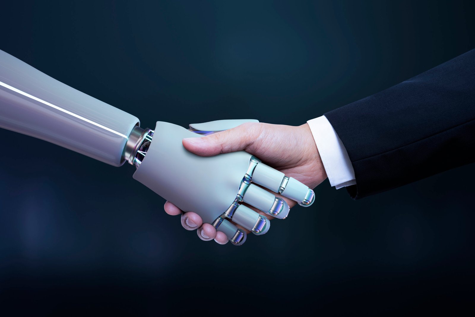 Apretón de mano de robot y mano de empresario, inteligencia artificial