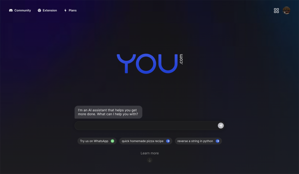Interfaz web del modo Chat de YouChat - mejores chatbots de 2023